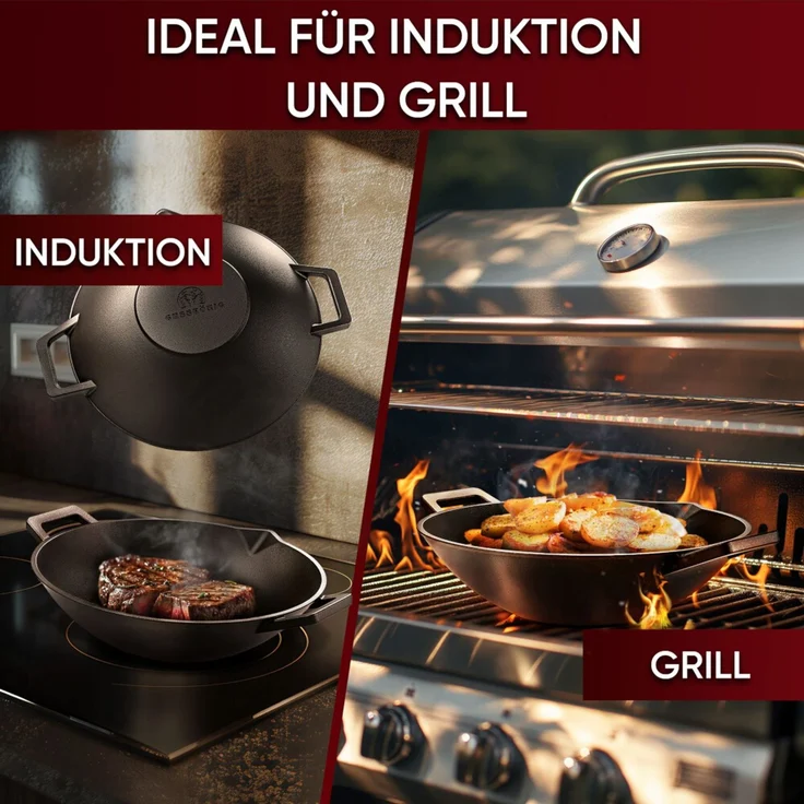 Gusseisen-Wok 35 cm massiv mit Ringreiniger 4 kg für Grill Herd & Feuerstelle robust & langlebig – Bild 7