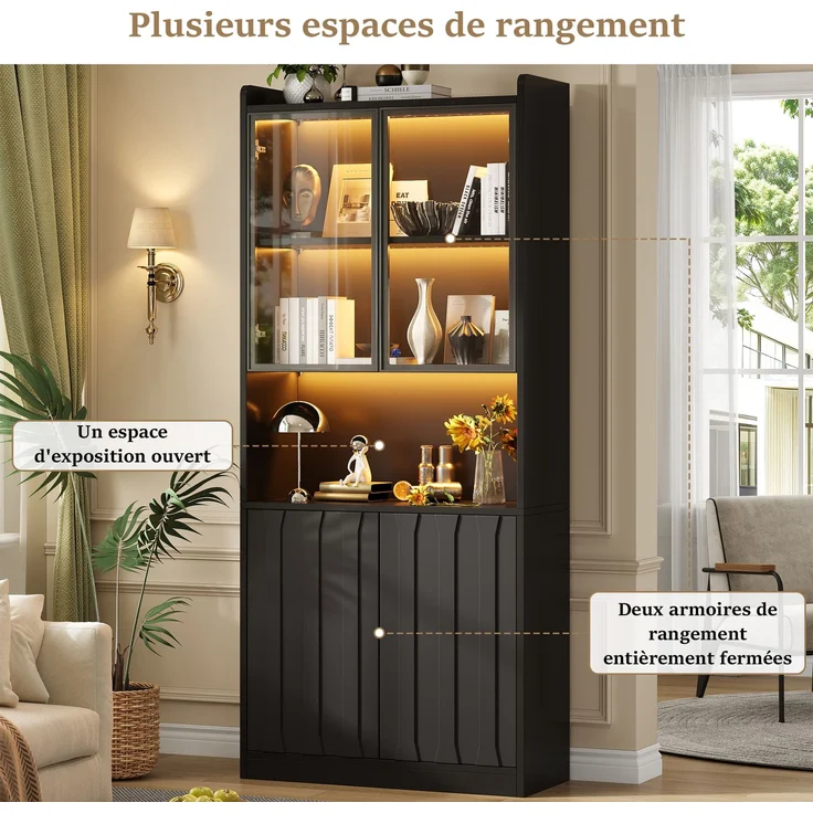 80x35x200cm LED Vitrine, Hochschrank mit Glasschranktüren, Hochschrank Glasvitrine mit LED und Offene Partition,Wohnzimmerschrank mit Glastüren, Küche, Arbeitszimmer, Eingangsbereich,Schwarz--Schwarz--80x35x200cm--YOUDENOVA – Bild 7