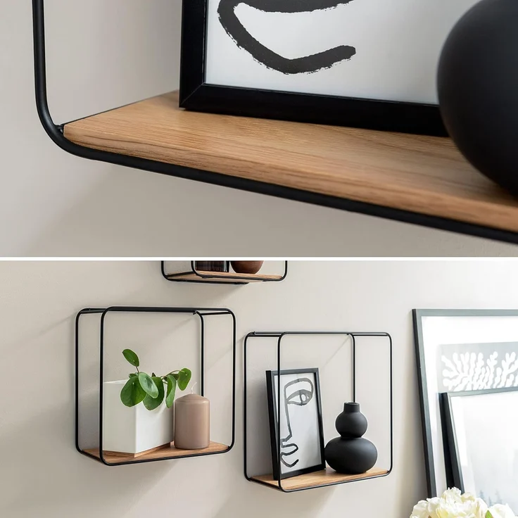 Kazai. Wandregal-Set -Jona- | 3-Teiliges Hängeregal aus Metall und Echtholz-Veneer | Wanddeko und Ablage für Bad, Wohnzimmer, Küche, Schlafzimmer und mehr | Eiche – Bild 5