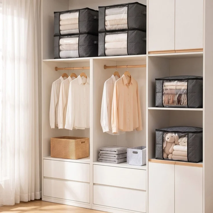 Sekey Faltbare Aufbewahrungstasche Aufbewahrungsbox mit Deckel Reißverschluss und Griffen als Kleiderschrank Organizer für Kleidung Bettwäsche und Bettdecken 60 x 43 x 35 cm 6-teilig – Bild 2