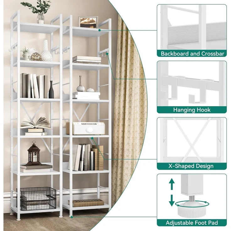 YITAHOME Bücherregal mit 6 Ebenen, Industrielles Standregal, Metallrahmen und Holzregale, Hohes Lagerregal mit 4 Haken, Präsentationsorganizer, für Wohnzimmer, Heimbüro, Weiß Regal – Bild 3