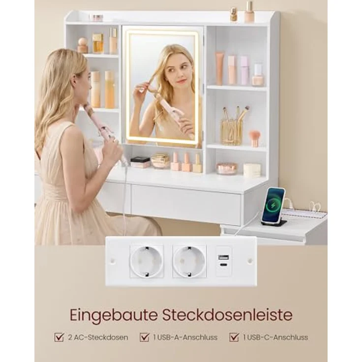 VASAGLE Kailyn Kollektion - Schminktisch mit LED-Beleuchtung, Frisiertisch mit Steckdosenleiste, Spiegel, Kosmetiktisch mit verstellbaren Ablagen, modern, 40 x 105 x 145 cm, wolkenweiß RDT144WB01 – Bild 4