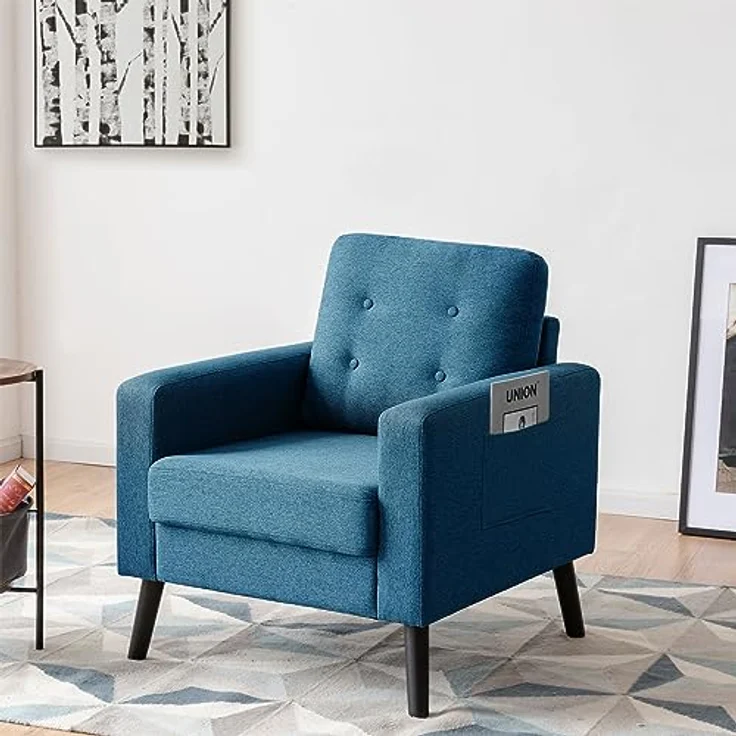 COSTWAY Sessel mit 2 Seitentaschen, Ohrensessel mit Armlehnen und Rückenkissen, Einzelsofa gepolstert, Fernsehsessel Relaxsessel Clubsessel, für Wohnzimmer, Schlafzimmer & Büro, modern (Blau) – Bild 3