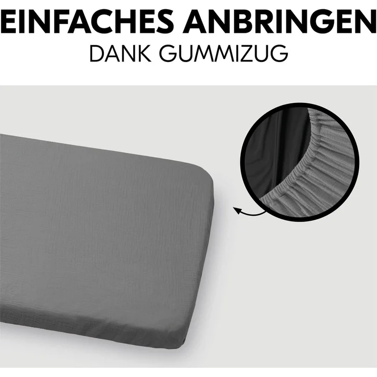 hauck Baby Spannbettlaken 60x120 cm für Reisebettmatratzen, Baby Matratzenbezug Baumwolle Musselin, 60° C Maschinenwäsche, Babybettlaken mit Gummizug (Dark Grey) – Bild 5