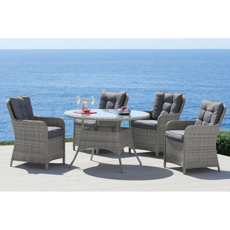 KONIFERA Garten-Essgruppe Menorca, (Set, 13-tlg, 4x Sessel, 1x Tisch ØxH: 120x75cm, inkl. Auflagen), Polyrattan, Aluminium, Tischplatte aus 5mm starkem Sicherheitsglas – Bild 3