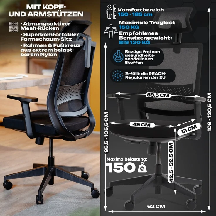 VALKENSTOL M2 Kopf-/Armstütze - Bürostuhl Ergonomisch Testsieger - 5 Jahre Garantie - Schreibtischstuhl mit Netzrücken - Computerstuhl – Bild 7