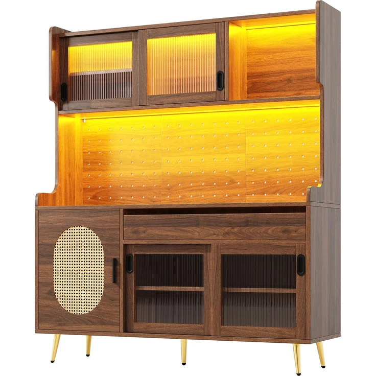 Seitenboard / Aufbewahrungsschrank / Küchenschrank / Buffetschrank, 145x39x171cm, Landhausstil, 5 Türen, mit LED-Lichtleiste & Ordnungslockplatte, Fluted Glas Türen, Braun/Schwarz--Braun--145x39x171cm--YOUDENOVA – Bild 10