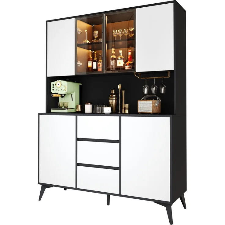 Hochschrank, Vitrine, Anrichte, Sideboard, Esszimmerschrank, Wohnzimmerschrank, Schwarz-Weiß Optik, Küchenschrank, Vitrine mit Glasfront,3 Schubladen, goldener Gläserhalter, per App farbverstellbare L--Schwarz, Weiß--120x40x160cm--YOUDENOVA