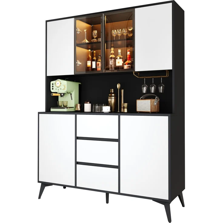 Hochschrank, Vitrine, Anrichte, Sideboard, Esszimmerschrank, Wohnzimmerschrank, Schwarz-Weiß Optik, Küchenschrank, Vitrine mit Glasfront,3 Schubladen, goldener Gläserhalter, per App farbverstellbare L--Schwarz, Weiß--120x40x160cm--YOUDENOVA – Bild 1