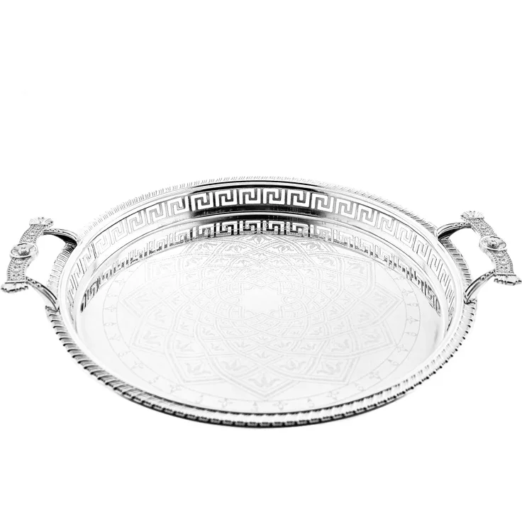 Sunay Serviertabletten in Silber Rund mit Muster mit eleganten Griffen 45x3,5 cm
