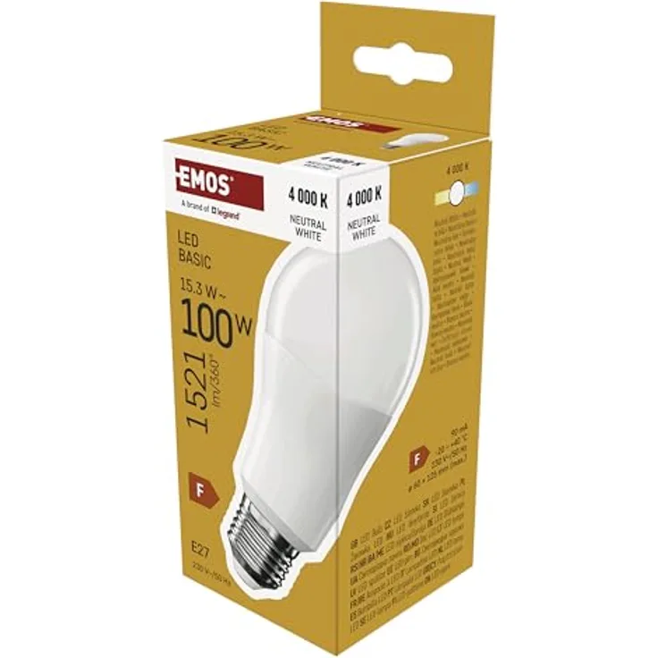 EMOS - LED-Lampe BASIC A60 - E27 Sockel - Neutralweiß - 1521 lm - 15,3W (Ersatz für 100W Glühbirne) - Lebensdauer 20 000 Stunden - Abstrahlwinkel 200° - CRI min. 80