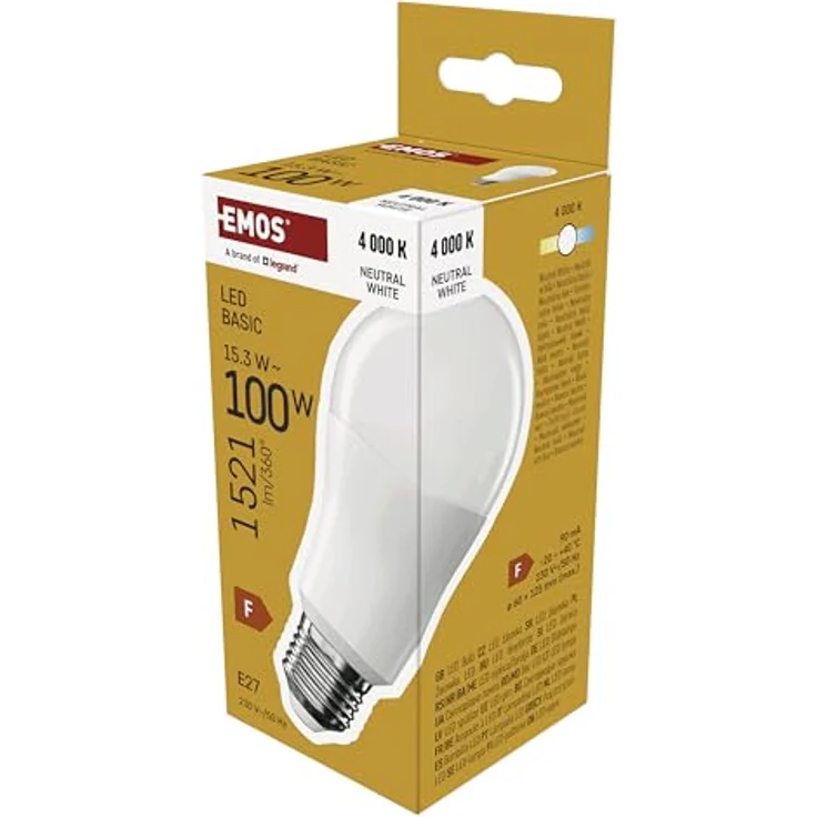 EMOS - LED-Lampe BASIC A60 - E27 Sockel - Neutralweiß - 1521 lm - 15,3W (Ersatz für 100W Glühbirne) - Lebensdauer 20 000 Stunden - Abstrahlwinkel 200° - CRI min. 80 – Bild 1