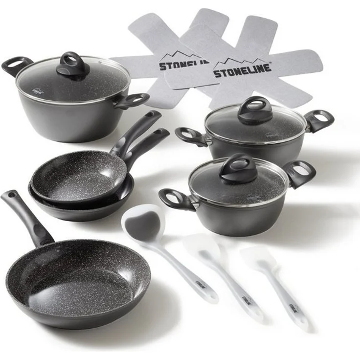 STONELINE Topf-Set, Aluminium, Keramik (Kochgeschirr-Set, 14-tlg, Kochgeschirr-Set, 3x Kochtopf, 3x Bratpfanne, 3x Glasdeckel, Zubehör), mit echten Steinpartikeln, induktionsgeeignet, Designed in Germany – Bild 4