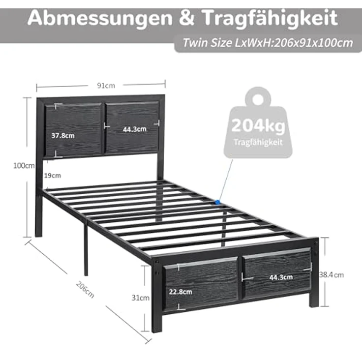 VECELO Bettgestell 90x200 cm, Metallbett mit Dick Holzkopfteil und Lattenrost, Modern Gästebett Jugendbett mit Stauraum Unter Dem Bett, Perfekt für Schlafzimmer, Schwarz – Bild 3