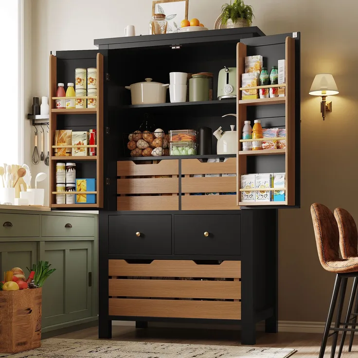 Küchenschrank (80x40x140cm), hohes Küchenbuffet, Mehrzweckbuffet, Snackschrank, Aufbewahrungsmöbel mit zwei Türen und fünf Schubladen, schwarz/weiß--Schwarz--80x40x140cm--YOUDENOVA