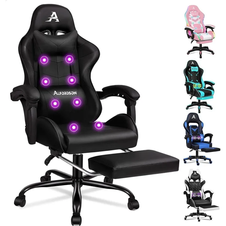 Gaming-Stuhl mit Massage und Fußstütze, 150° Neigung, höhenverstellbar