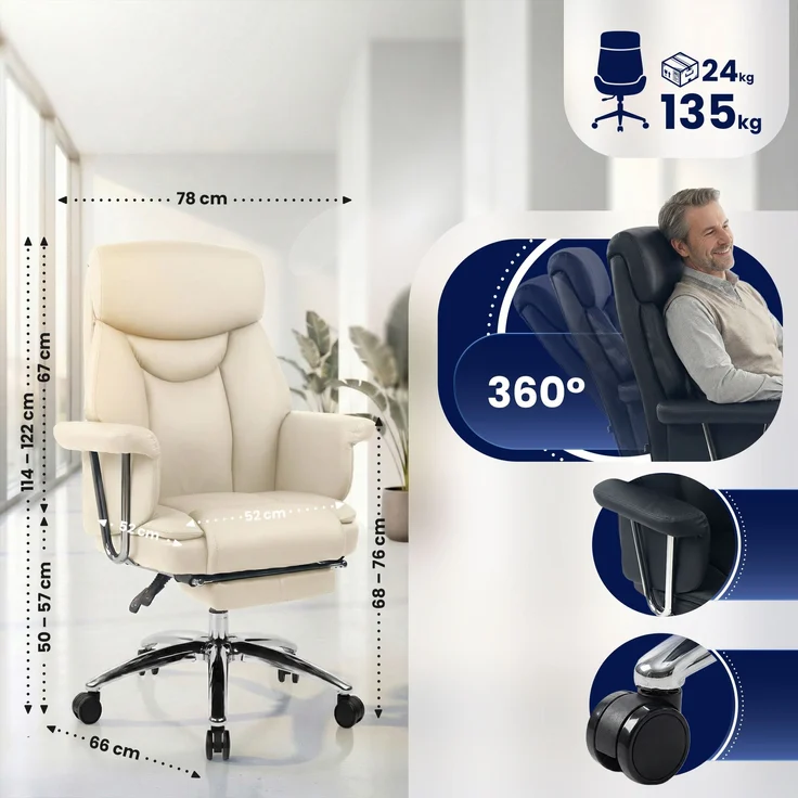 CLP Bürostuhl Dahra Echtleder mit Fußablage höhenverstellbar 360° drehbar,creme – Bild 2