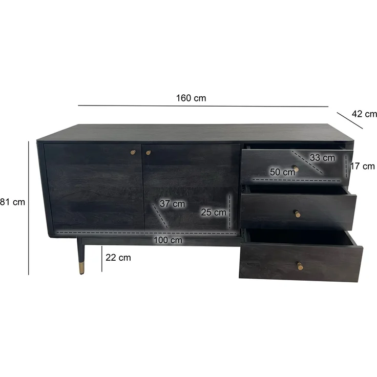 FineBuy Sideboard Akazie Massivholz 160 cm 2 Türen & 3 Schubladen - Massive Retro Kommode in Schwarz - Design Natur Anrichte - Handmade Industrial – Bild 3