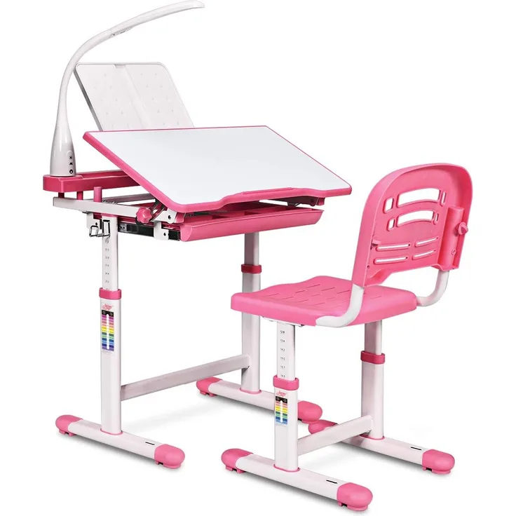 COSTWAY Kinderschreibtisch inkl. Stuhl und Lampe, rosa