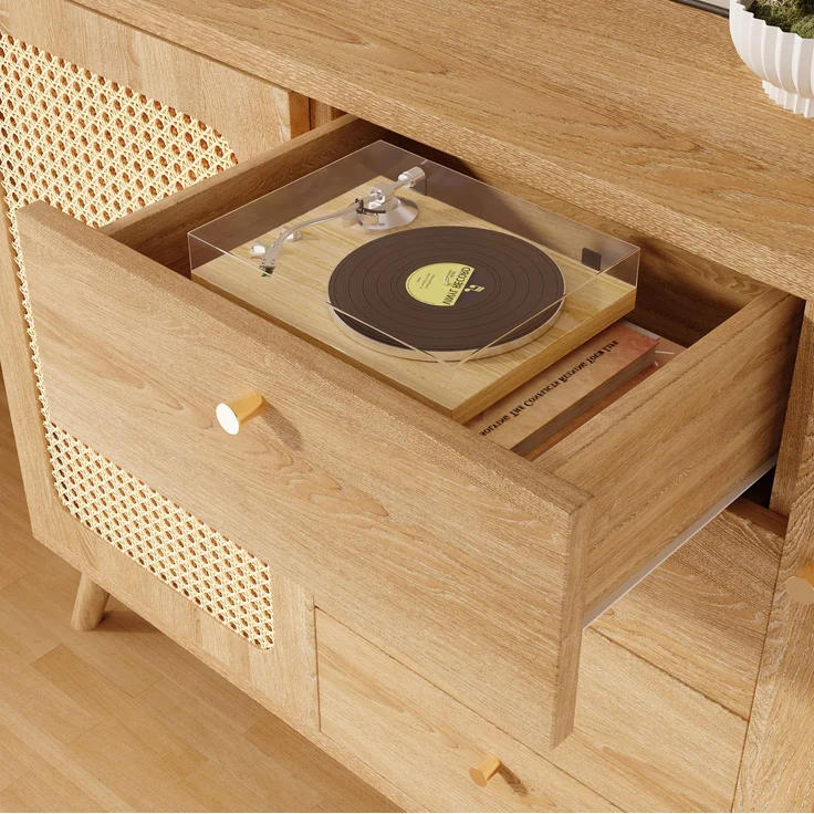 DESVIAE Sideboard mit 4 Schubladen und 2 Türen 140x86x40 cm aus Spanplatte und MDF, helle Eiche – Bild 3