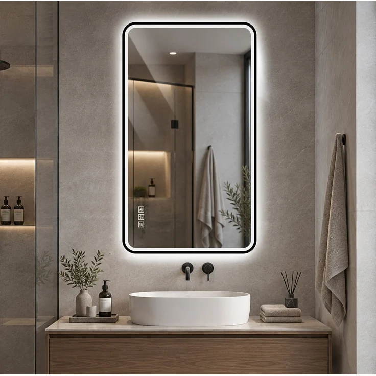 LED-Badezimmerspiegel 60x100 cm, dimmbar mit 3 Lichtfarben, Schwarz – Bild 1