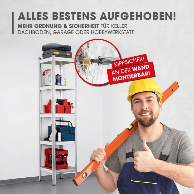EASYmaxx Schwerlastregal 180x40x40 cm, 875 kg Traglast, 175 kg pro Ebene, 1-tlg, Kellerregal Lagerregal, 5 verstellbare Ablagen – Bild 7