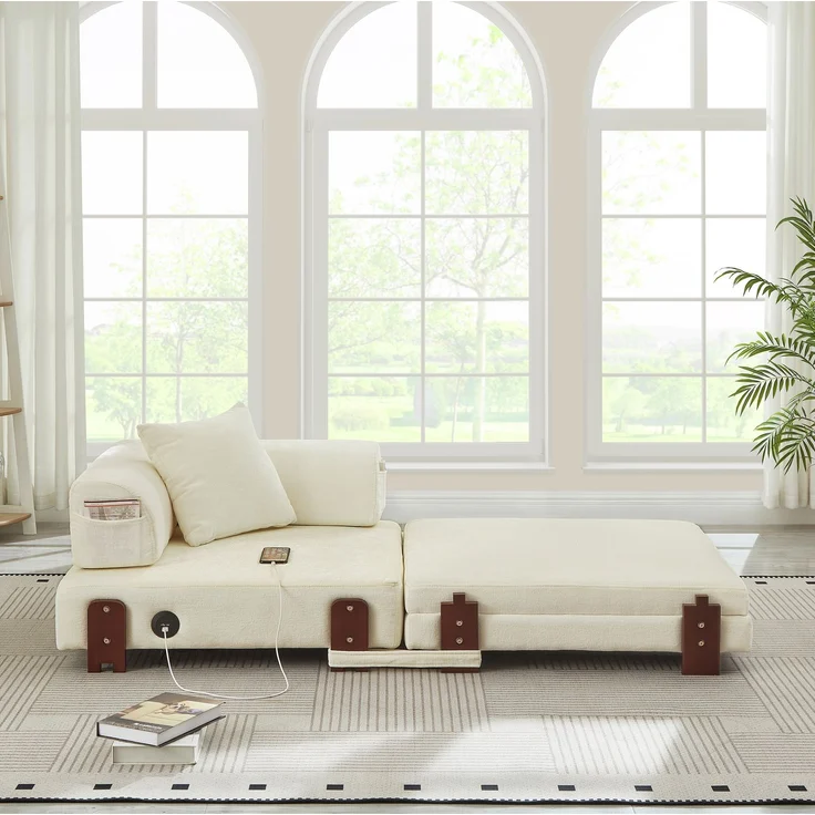 EINHOM 2-in-1 Folding Sofa mit Schlaffunktion & USB/Type C Port & Stauraum, Compact Sofa Bed mit Armrests für Small Spaces, Guest Room & Loft - Beige – Bild 2