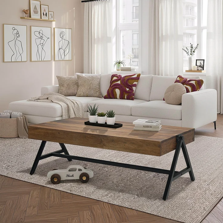 FineBuy Couchtisch Sheesham Massivholz rechteckig 120cm · Wohnzimmertisch mit Metallgestell · Handgefertigter Sofatisch im modernen Industrial Design mit stabiler Tischplatte – Bild 2