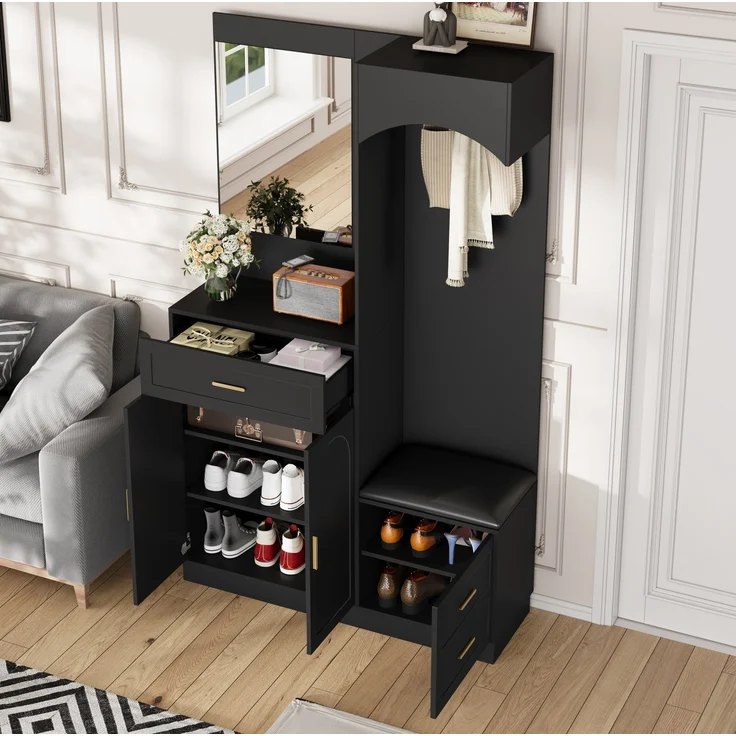 Kompaktgarderobe mit Schuhschrank, Schuhbank, Kosmetikspiegel, verstellbare Einlegeböden, MDF Schwarz, platzsparend – Bild 5