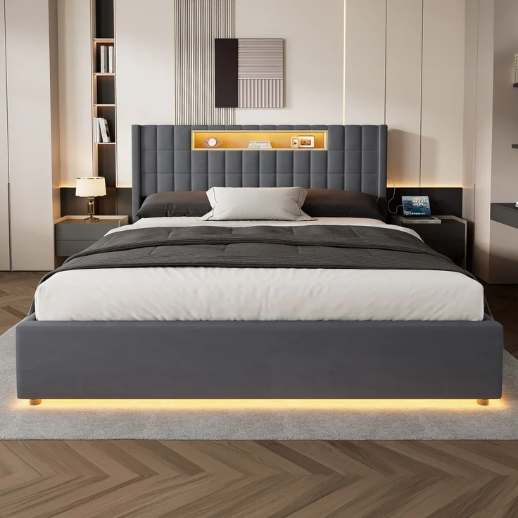 Polsterbett 180x200 cm mit LED-Beleuchtung, USB-Anschlüssen und Bettkasten – Ohne Matratze – Bild 1