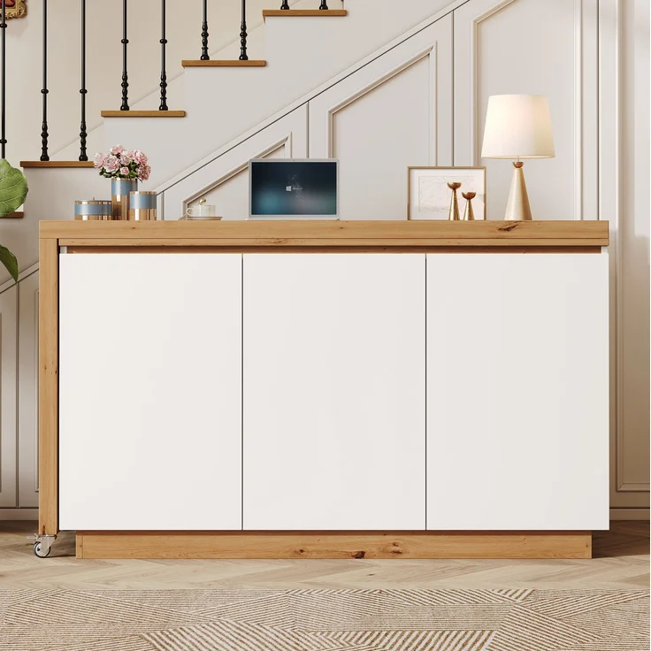 Drehbarer Schreibtisch mit Sideboard & Rollen, 124x45x82 cm, Weiß/Eiche – Bild 2