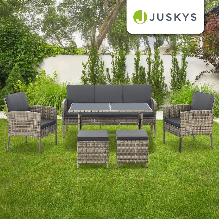 Juskys 'Turin' Outdoor Sitzgruppe für 7 Personen, Polyrattan, 120 x 70 cm, Grau – Bild 7