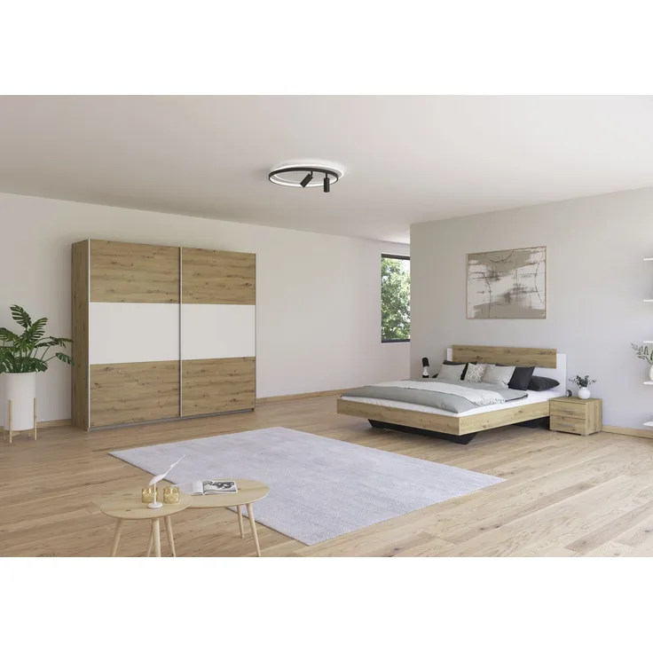 Schlafzimmer Borba in Eiche und Weiß mit Schwebetürenschrank 4 teilig – in verschiedenen Bett- und Schrankvarianten wählbar - 4 teilig , Kleiderschrank 218cm Breite + Bett 160x200cm + 2 Nachttisch