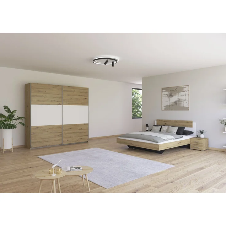 Schlafzimmer Borba in Eiche und Weiß mit Schwebetürenschrank 4 teilig – in verschiedenen Bett- und Schrankvarianten wählbar - 4 teilig , Kleiderschrank 218cm Breite + Bett 160x200cm + 2 Nachttisch