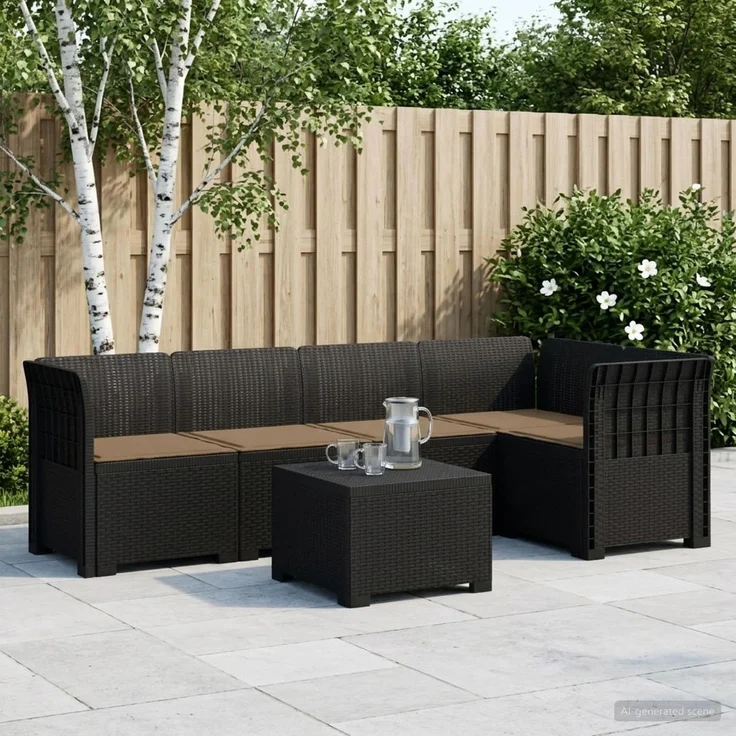vidaXL 5-Sitzer Gartensofa mit Kissen Rattan-Look PP Anthrazit 3444072 – Bild 1