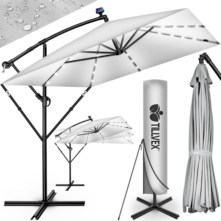 tillvex® Alu Sonnenschirm Rechteckig Ø 330 cm mit LED Solar Grau + Abdeckung mit Kurbel | Ampelschirm mit Ständer & Windschutz | Gartenschirm UV-Schutz, wasserdicht, 360° drehbar | Kurbelschirm Marktschirm – Bild 2