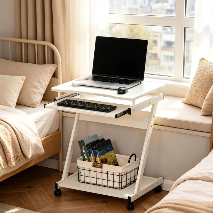 Computerschreibtisch mit Tastaturauszug & Rollen, 60x48x73 cm, Weiß – Bild 3