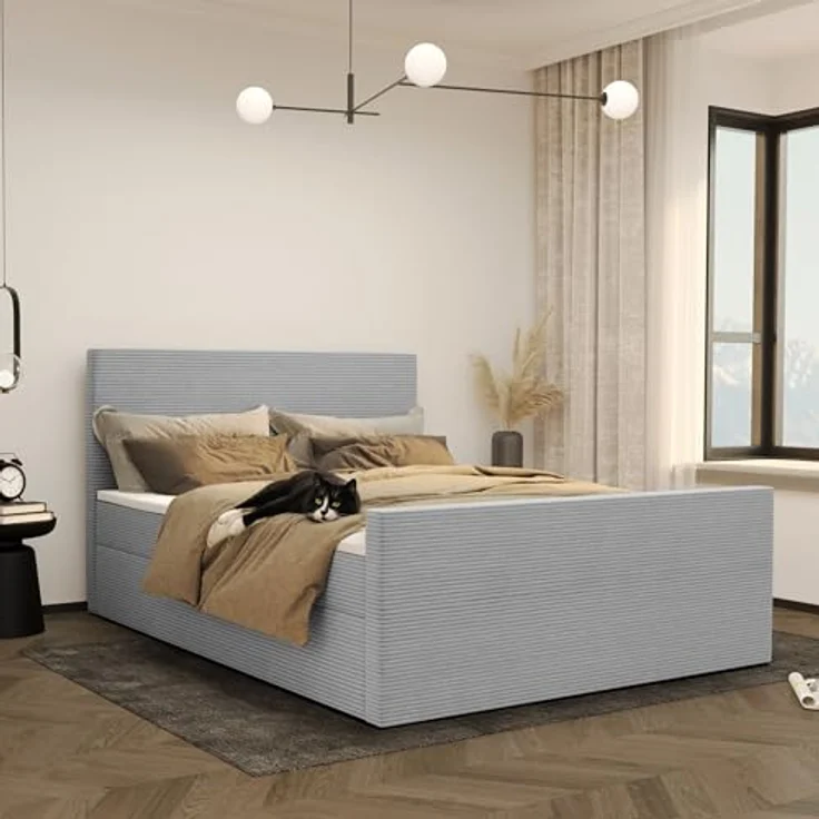 Kaiser Möbel Boxspringbett Viesta, 140x200 cm, mit Bettkasten und Viscoschaum-Topper, Cordstoff Poso Hellgrau H3 – Bild 1