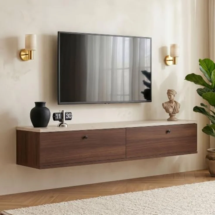 Hanah Home Stilvoller TV-Ständer, 140 cm breit, Travertin- und Walnuss-Finish | 100% melaminbeschichtete Spanplatte, inklusive Wandhalterung | Modernes Design, Tragkraft 35 kg – Bild 2