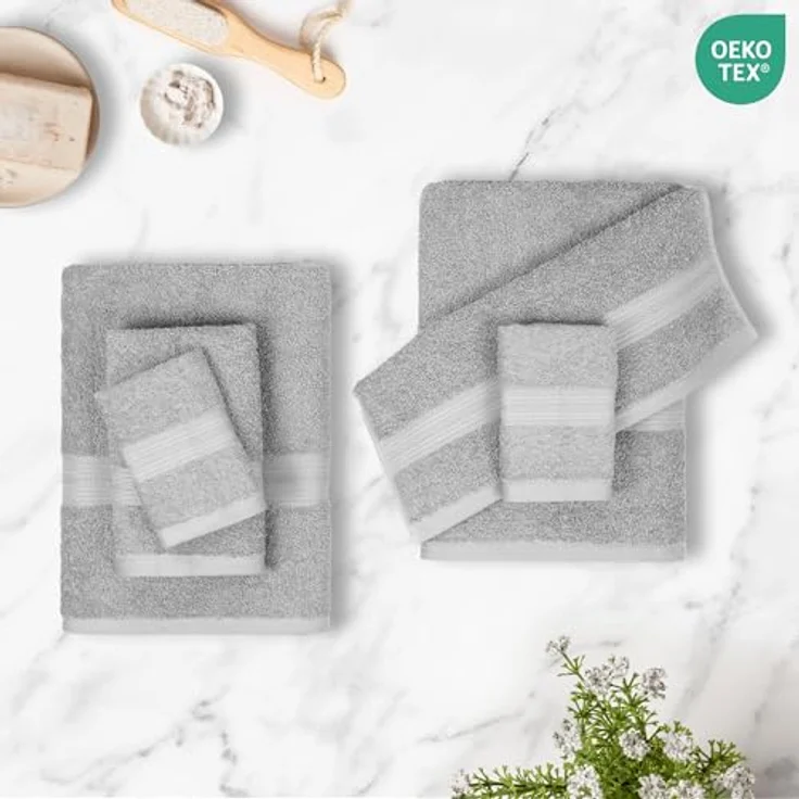 Amazon Basics Handtücher Set 6-teilig, 100% Baumwolle, Ausbleichbeständig, Grau, 2 Badetücher + 2 Handtücher + 2 Waschlappen – Bild 3