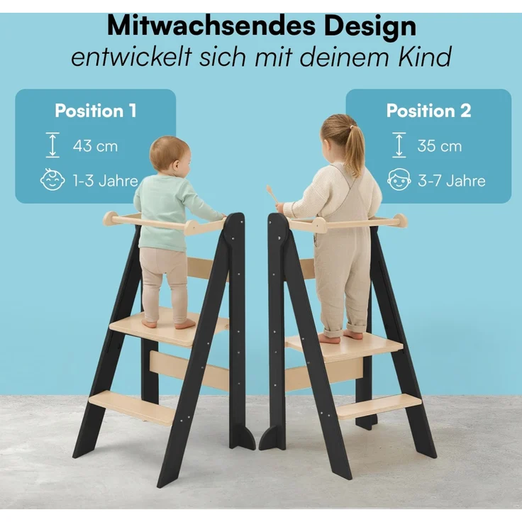 Bellabino 'Tay' Lernturm für Kinder ab 1 Jahr, Tritt 2-fach höhenverstellbar, natur/grau, Birke Sperrholz, klappbar, Tritthocker bis 50 kg belastbar – Bild 4