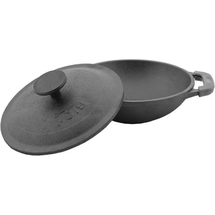 Servierpfanne 14 cm aus Gusseisen emailliert Wok-Pfanne mit Holzbrett Gusswok Emaillie