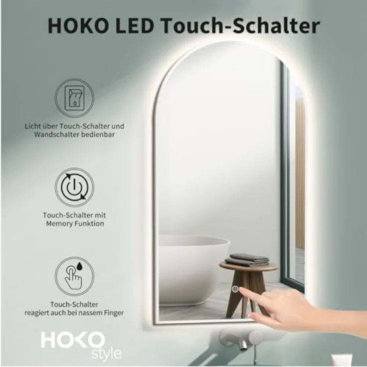 HOKO Badspiegel mit Beleuchtung, LED Wandspiegel 50x90 cm / 60x100 cm, IP44, Schwarz/Gold/Weiß, dimmbar mit Touch-Sensor und Memory-Funktion, hoch- und quer montierbar – Bild 3
