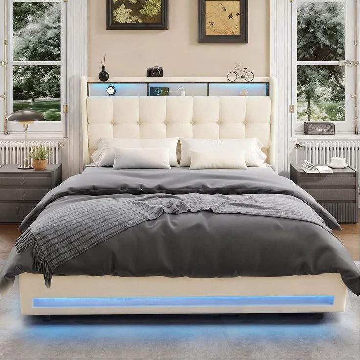 oyajia Polsterbett Doppelbett mit LED Licht 140x200cm,Hydraulisch anhebbarer Stauraumbett (Mit Lattenrost und Ladefunktion, Leinenmaterial Polsterbettt), Modernes Jugendbett, Leises Design Bett, Max. Belastbarkeit 350 kg – Bild 1