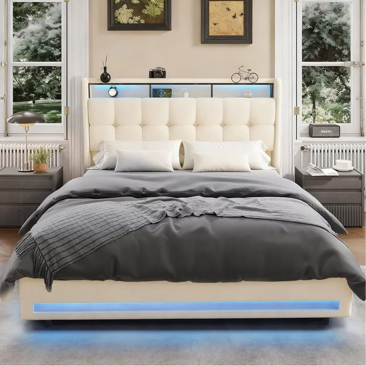 oyajia Polsterbett Doppelbett mit LED Licht 140x200cm,Hydraulisch anhebbarer Stauraumbett (Mit Lattenrost und Ladefunktion, Leinenmaterial Polsterbettt), Modernes Jugendbett, Leises Design Bett, Max. Belastbarkeit 350 kg