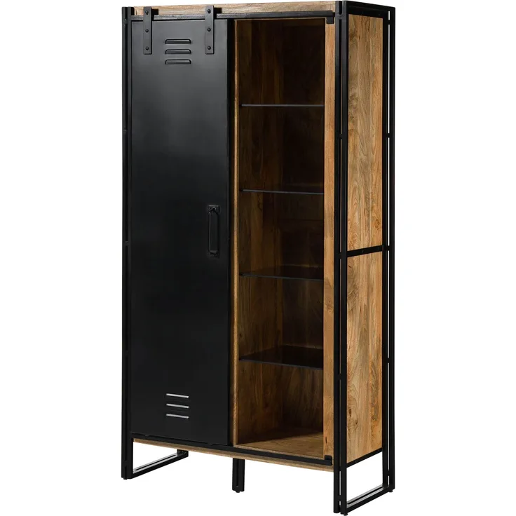 Wohnzimmerschrank Mango 105x45x195 natur klar lackiert / Metall schwarz BLACKBURN #104