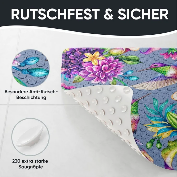 Sanilo Duschmatte, mit Motiv, rutschfest, waschbar, quadratisch, 230 extra starke Saugnäpfe, Kunststoff PVC, 53 x 53 cm, Kolibri – Bild 4