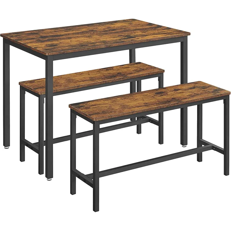 VASAGLE Esstisch, Küchentisch-Set, 110 x 70 x 75 cm, mit 2 Bänken je 97 x 30 x 50 cm, Metallgestell, für Küche, Wohnzimmer, Esszimmer, Industrie-Desig [KDT070B01]