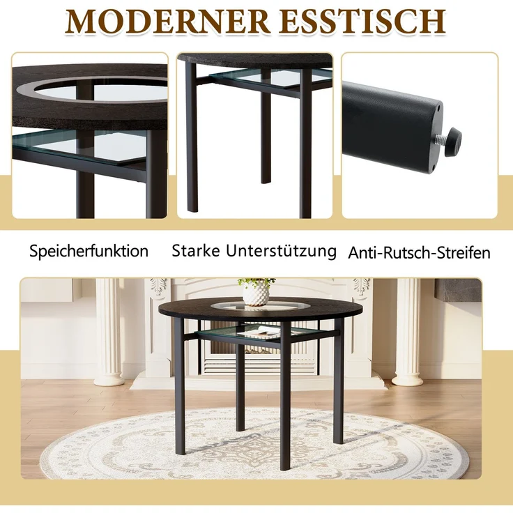 Esstisch-Set mit Glasintarsie & Ablage, Ø 100x76 cm, Schwarz in Holzoptik/Weiß – Bild 9