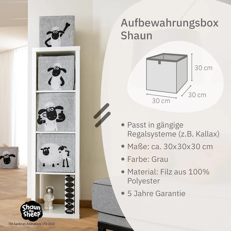 LIFENEY meets Shaun das Schaf Aufbewahrungsbox für Kinder - Filz-Box mit dem kultigen Schaf zum Verstauen von Spielzeug - 30 x 30 x 30 cm passend für klassische Würfelregale – Bild 3